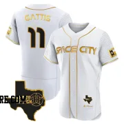 Men's Houston Astros Evan Gattis Authentic White/Gold 2023 Space City Ready 2 Reign Flex Base Jersey