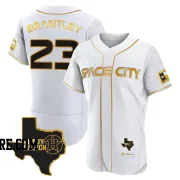 Men's Houston Astros Michael Brantley Authentic White/Gold 2023 Space City Ready 2 Reign Flex Base Jersey