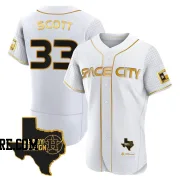 Men's Houston Astros Mike Scott Authentic White/Gold 2023 Space City Ready 2 Reign Flex Base Jersey