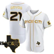 Men's Houston Astros Nolan Devos Authentic White/Gold 2023 Space City Ready 2 Reign Flex Base Jersey